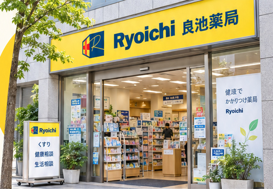 黄色い看板の良池薬局。定稿デザインの店舗イメージ。
